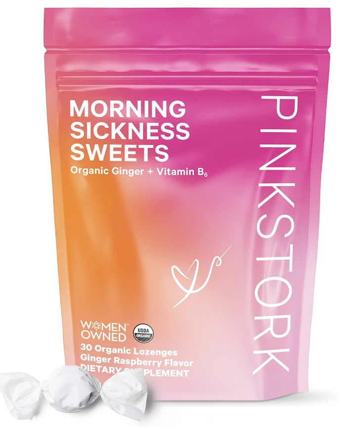 Morning sickness relief, ginger + vitamin B6, pink stork