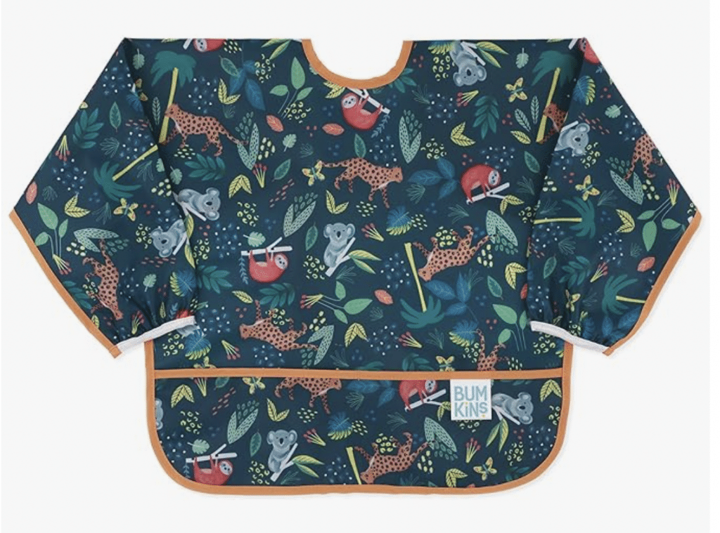 smock bib for baby led weaning in blue floral 
